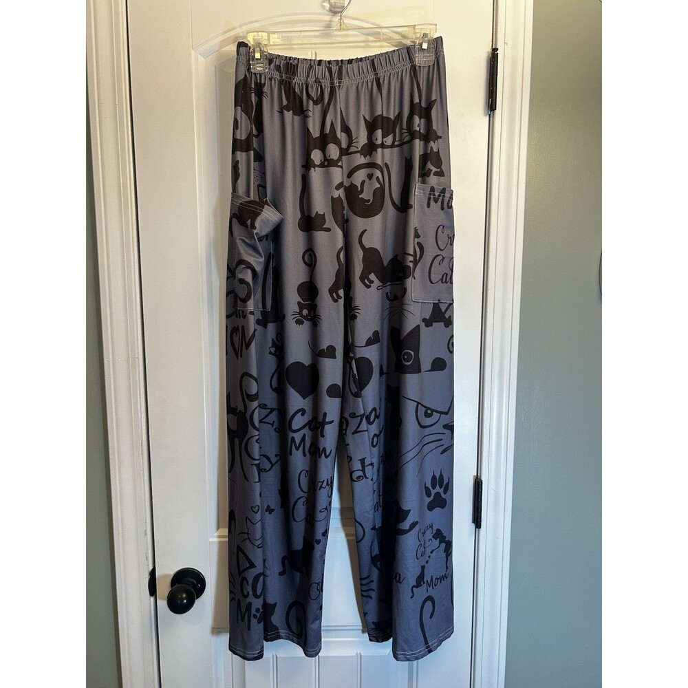 Cat Mom Lounge Pants Gray Black Print Stretch Casual Pants Front Pocket Sz L EUC - Picture 2 of 16